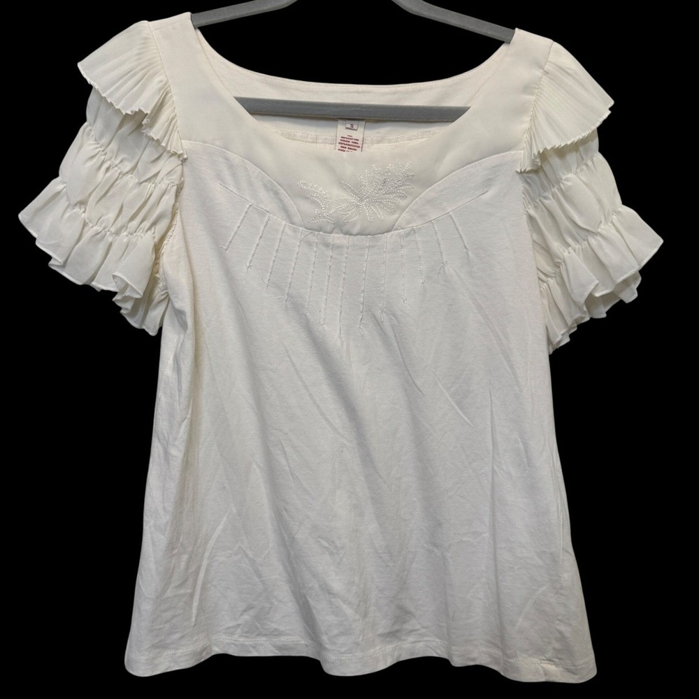 Sundance Womens Ruffle Sleeve Top S White Embroidery Pintuck Cottage Victorian